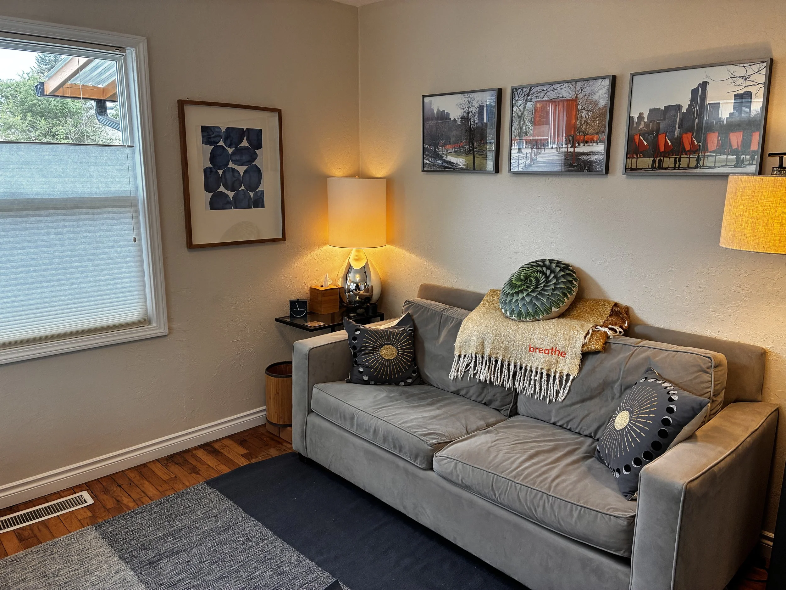 Cozy couch in Lauren Whitelaw,Psyd's office, in Portland, Oregon for clients seeking help with mental health, couples and sex therapy.