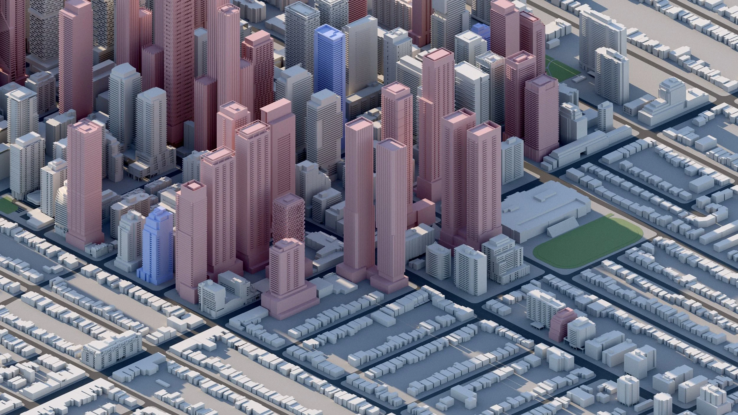 A 3D-rendered digital illustration of a city skyline with numerous tall skyscrapers and smaller buildings. The buildings are colored in shades of pink, blue, and white, with a few green spaces visible.