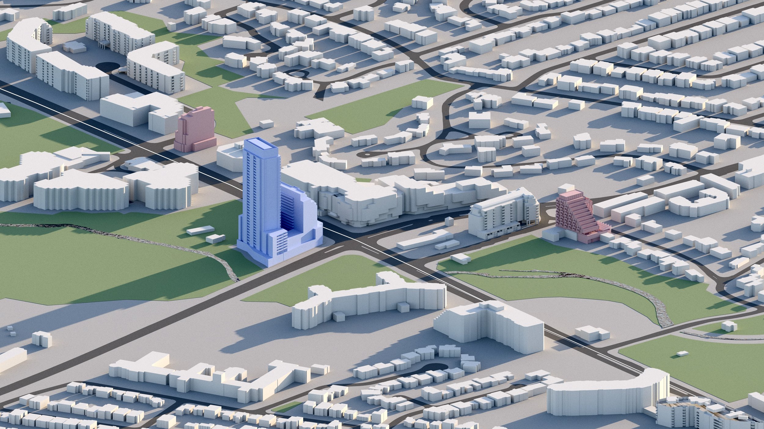A 3D model of an urban cityscape with various buildings, roads, and green spaces, including high-rise and low-rise structures.