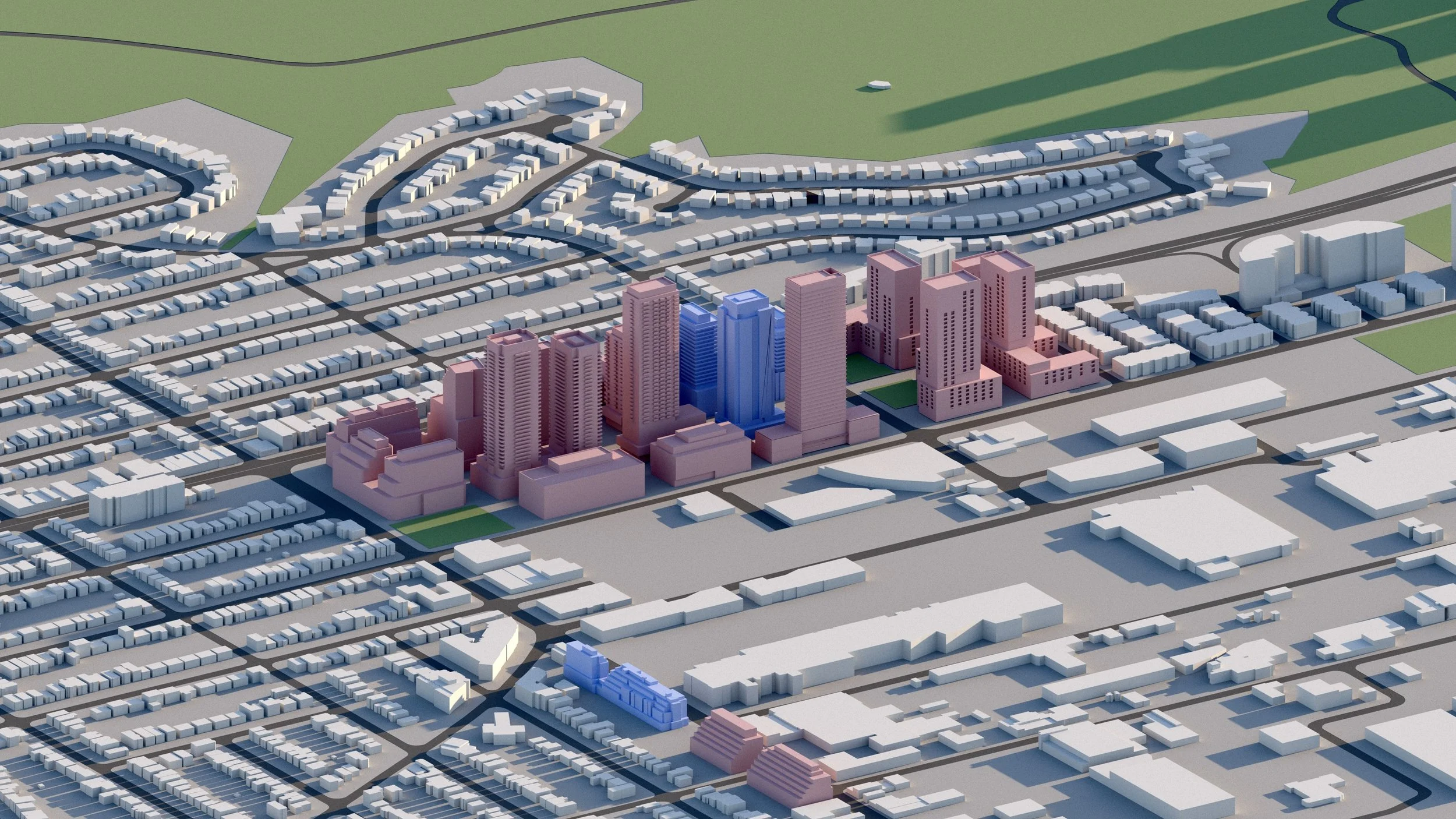 A 3D architectural city model featuring a cluster of multi-storied buildings in pink and blue colors surrounded by various smaller structures and residential neighborhoods, with roads and green spaces visible.