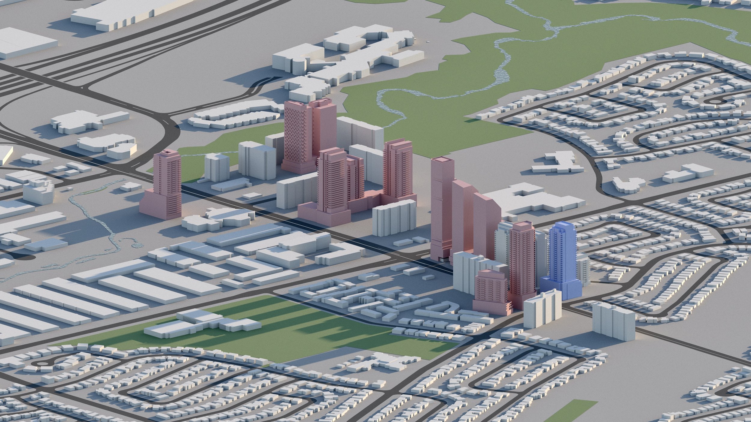 A 3D city model with residential and commercial buildings, some color-coded in blue and pink, along with roads, train tracks, and green spaces.