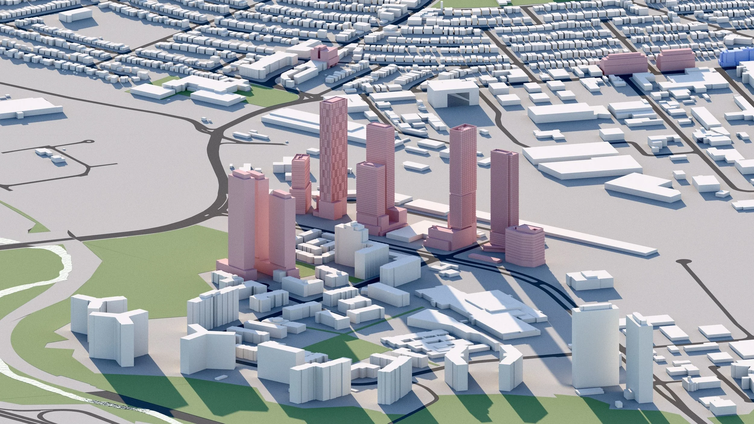 A 3D city map showing tall skyscrapers in pink and white, surrounded by various smaller buildings, roads, and green parks.