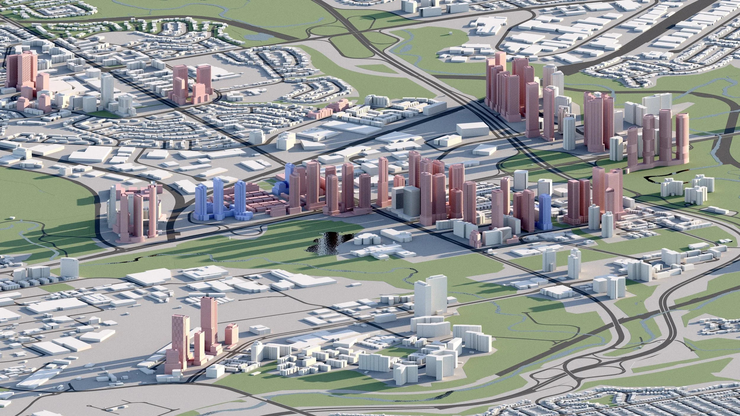 A digital 3D rendering of a cityscape featuring numerous high-rise buildings, some pink, white, and blue, along with a network of roads and green spaces with trees and small water bodies.