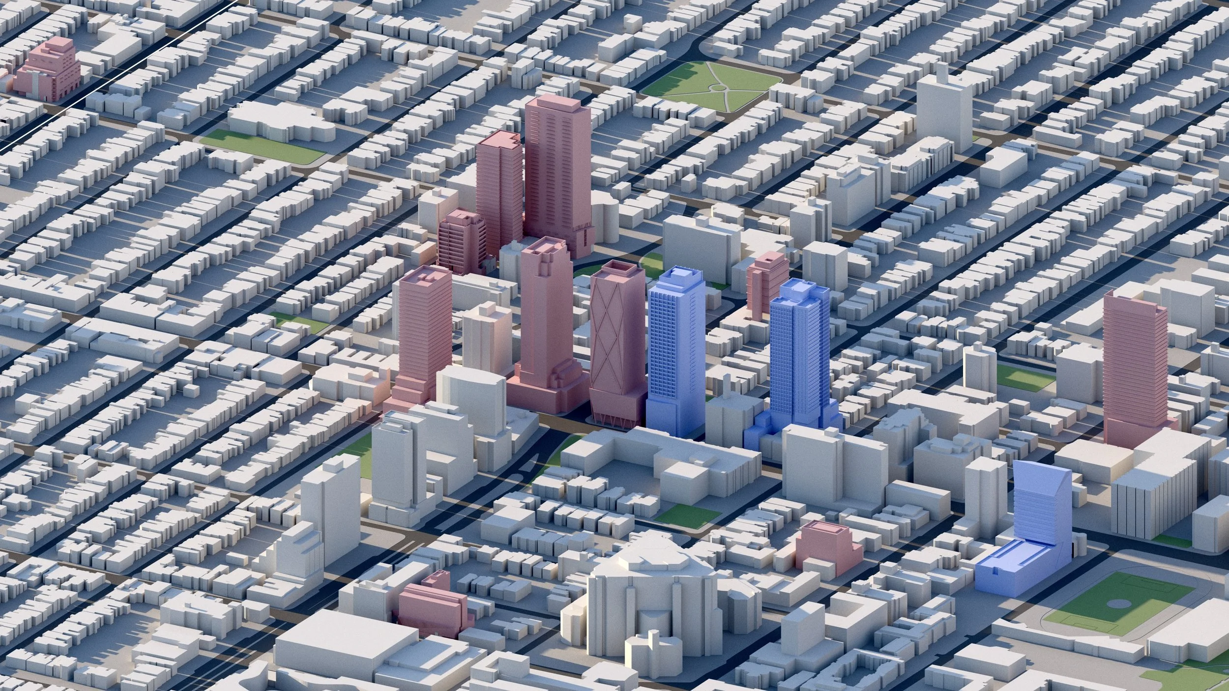 A digital 3D map of a city with tall buildings, streets, and green parks, showing an urban landscape from an aerial view.