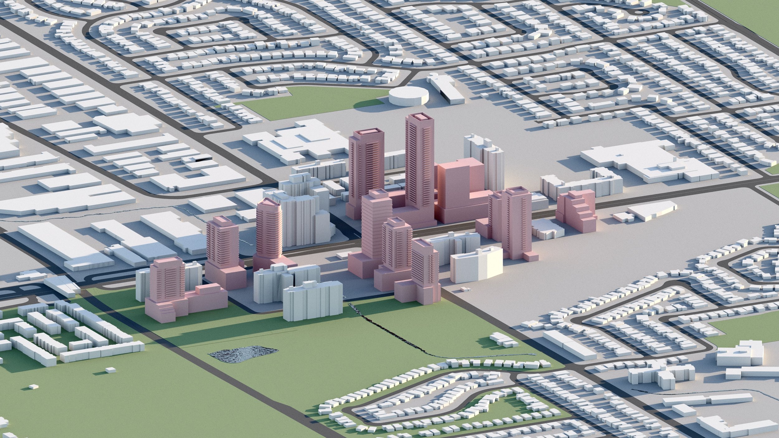 A 3D rendered map showing a city with a cluster of pink high-rise buildings surrounded by residential neighborhoods and green spaces.