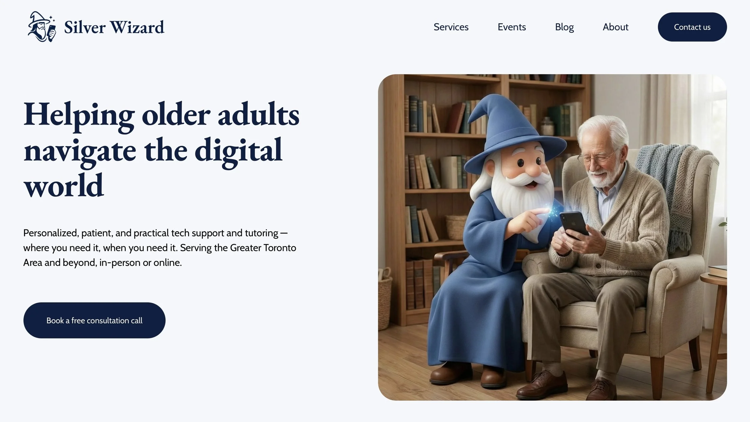 Homepage of Silver Wizard website showing a banner with a wizard mascot pointing at a smartphone held by an elderly man, in a cozy living room setting, promoting tech support for older adults.