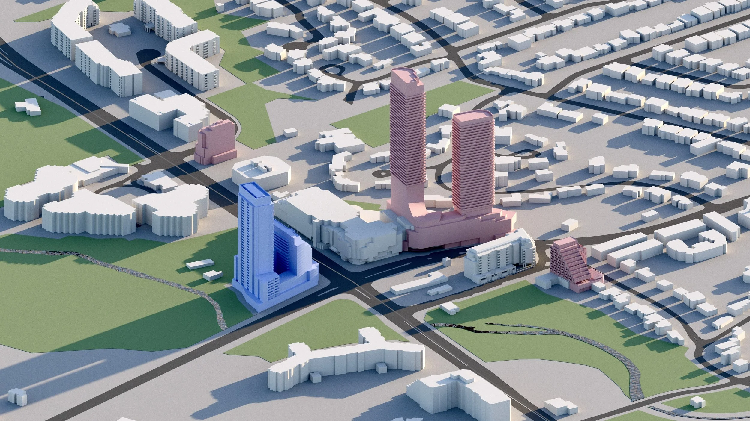 A 3D model of an urban cityscape with various buildings, roads, and green spaces, including high-rise and low-rise structures.