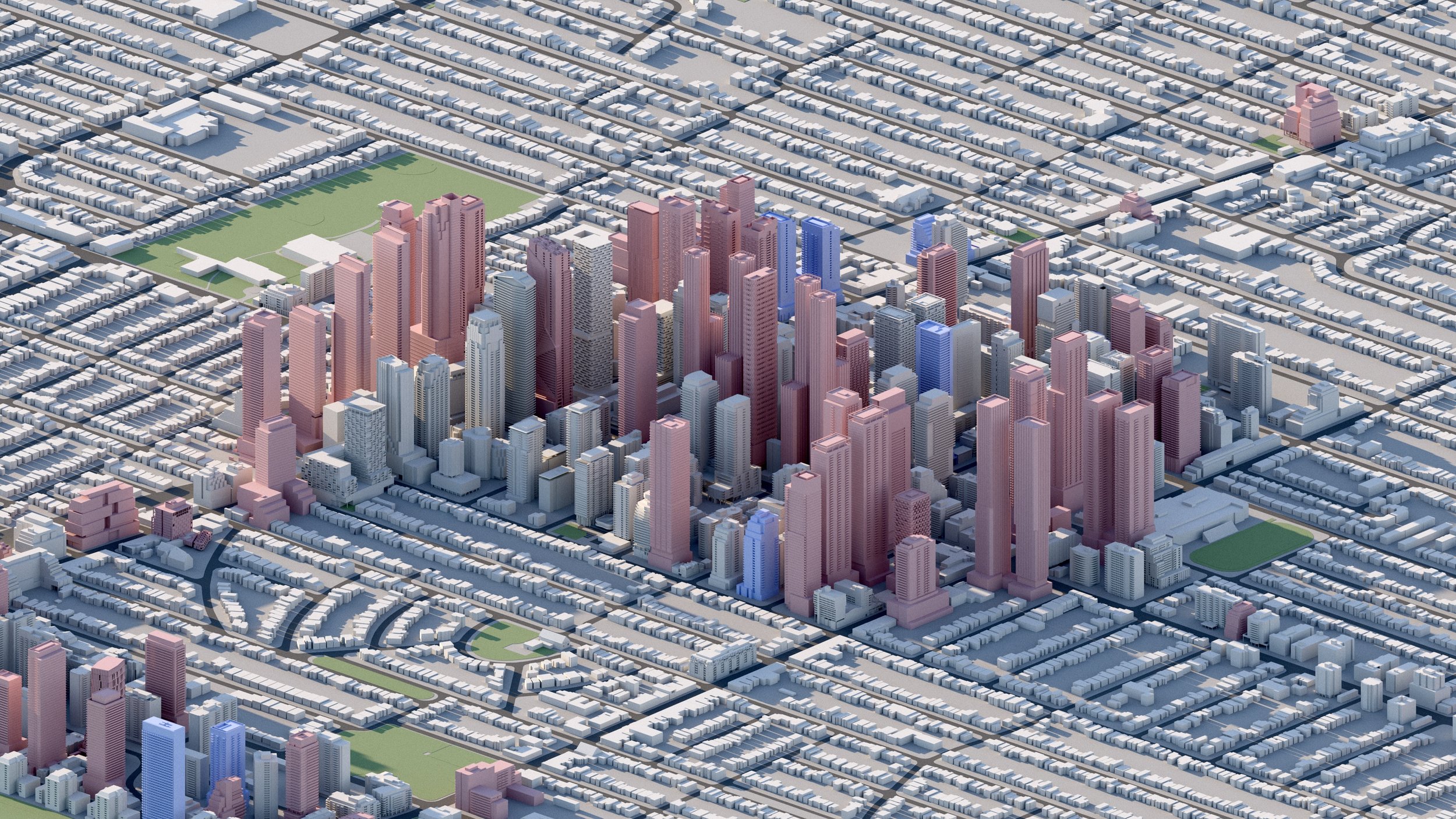 An aerial view of a densely packed city with skyscrapers colored in pink, blue, and white, surrounded by a grid of smaller buildings and green parks.