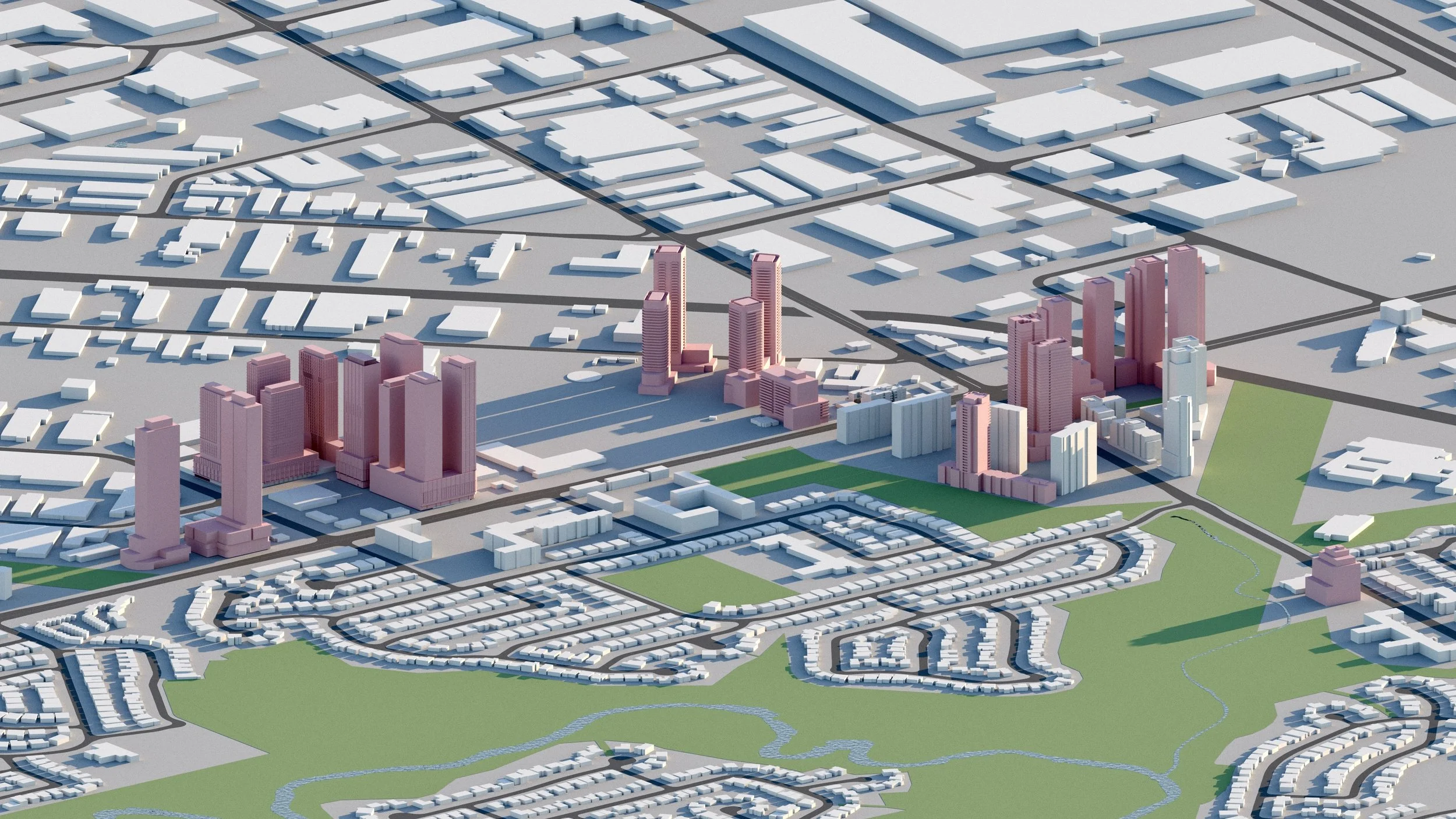 3D model of a cityscape with high-rise buildings in pink and white, roads, and green spaces.