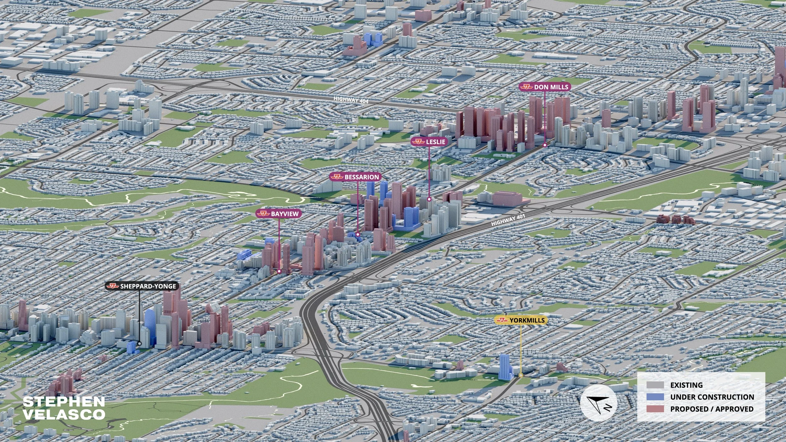 A 3D map of a city showing various neighborhoods and planned projects with labels such as Sheppard-Yonge, Bayview, Bessarion, Leslie, Don Mills, York Mills, and highlighting existing, under construction, and proposed/approved buildings. Green spaces,