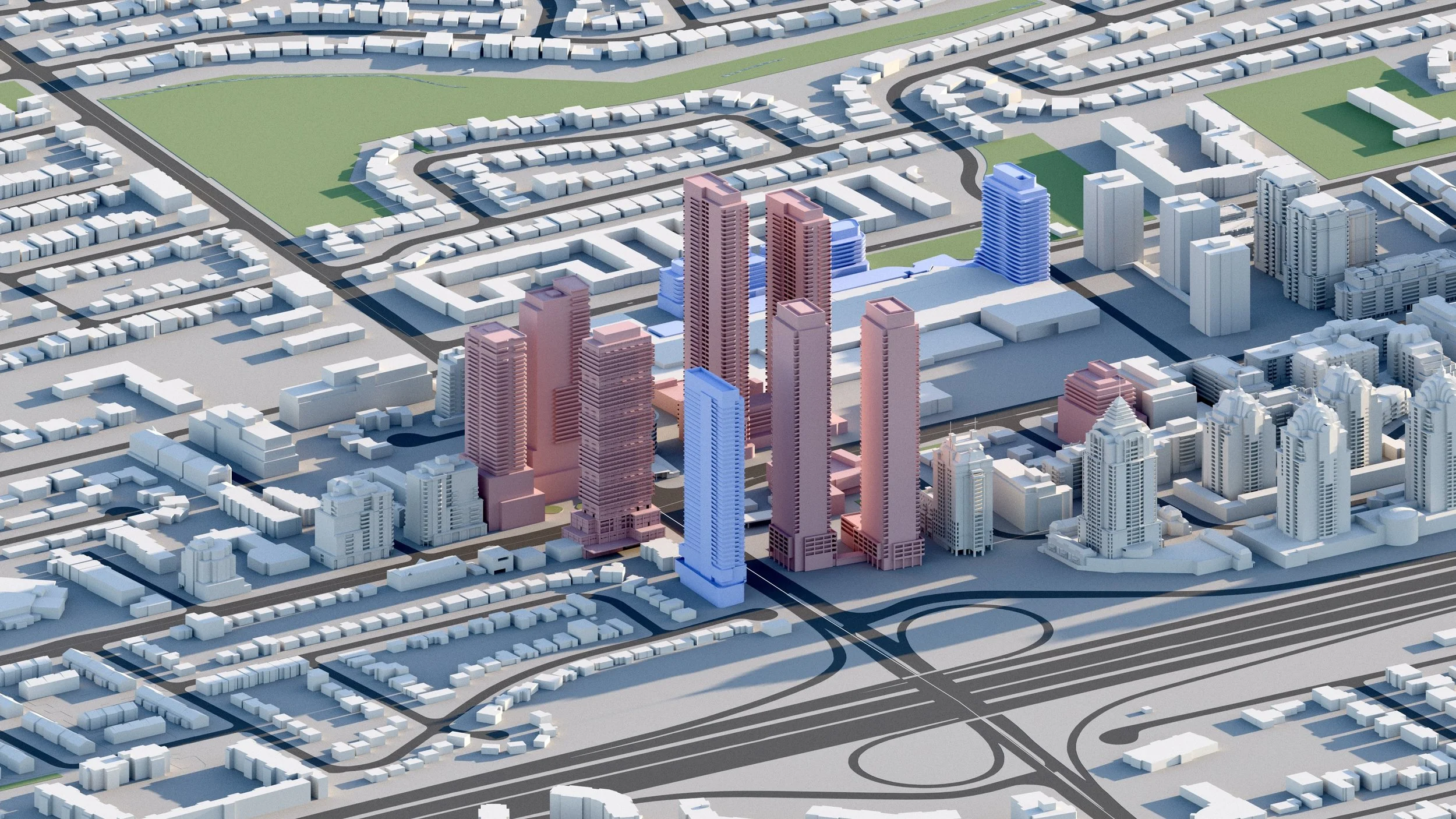 A 3D rendered cityscape showing tall, pink skyscrapers in the foreground with various smaller buildings and a highway below. Green parks and residential areas are visible in the background.