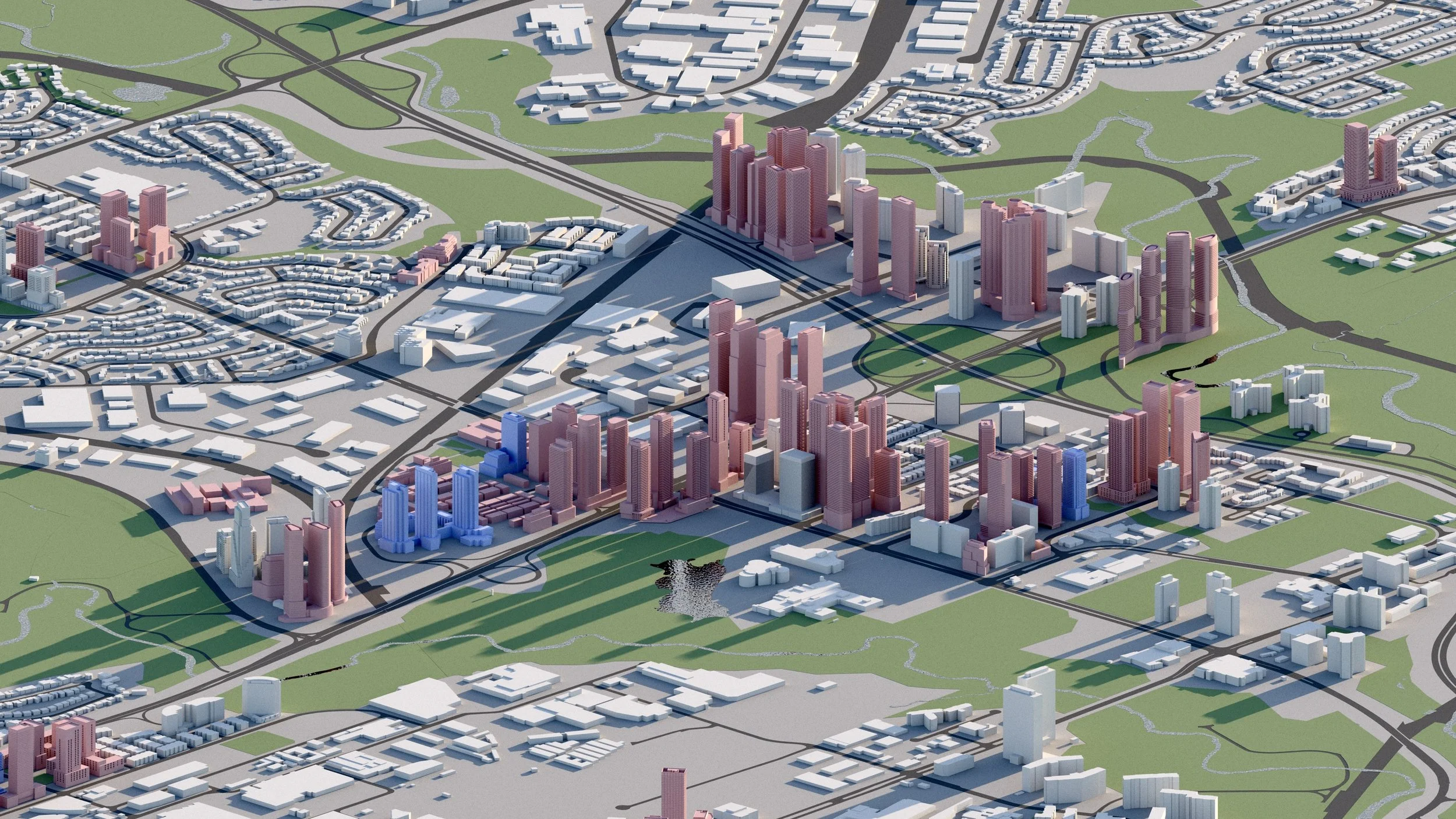 A 3D render of an urban cityscape with numerous high-rise buildings in shades of pink, white, and blue, with roads, green spaces, and water bodies.