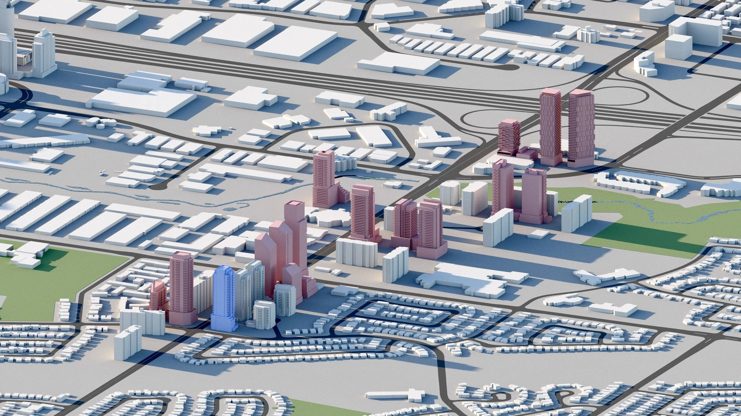 A 3D city model with residential and commercial buildings, some color-coded in blue and pink, along with roads, train tracks, and green spaces.