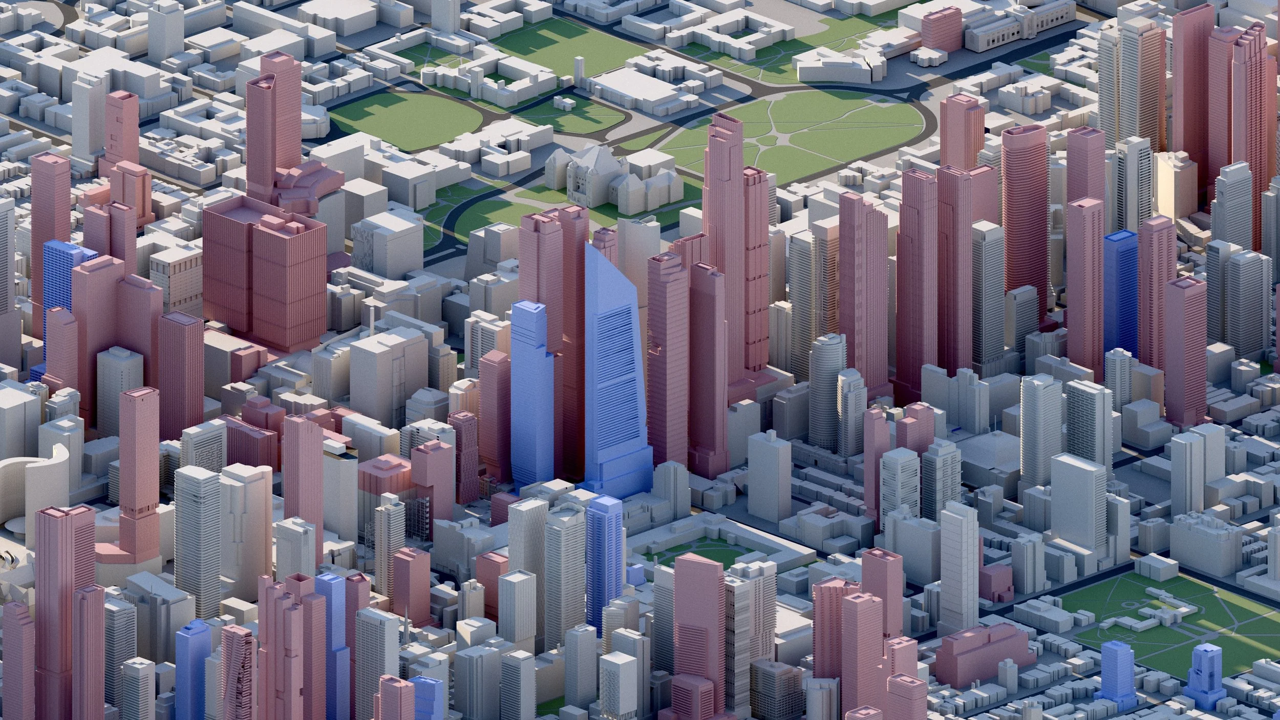 Aerial view of a city with numerous skyscrapers and high-rise buildings in shades of pink, blue, and gray, with green spaces and roads in between.