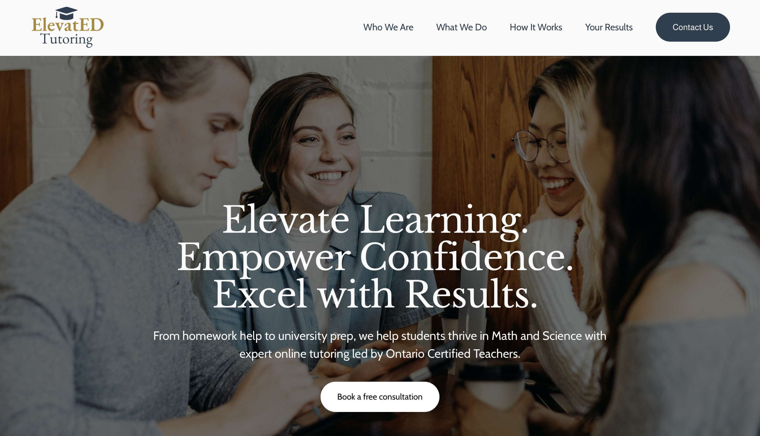 Website homepage for Elevate Learning Tutoring featuring a group of young students smiling and studying together.