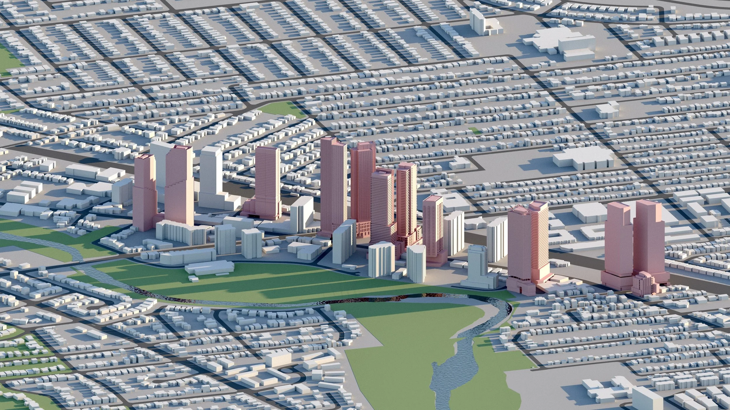 A digital rendering of a cityscape with tall high-rise buildings in pink and white, surrounded by smaller residential and commercial structures, with green spaces and a river in the background.