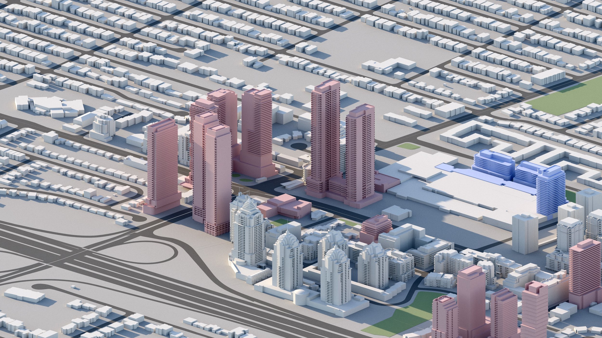 A 3D rendered cityscape showing tall, pink skyscrapers in the foreground with various smaller buildings and a highway below. Green parks and residential areas are visible in the background.