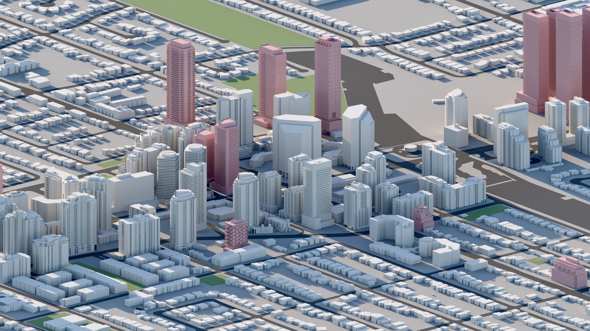 A detailed digital illustration of a cityscape with a cluster of high-rise buildings in the downtown area surrounded by residential neighborhoods and streets.