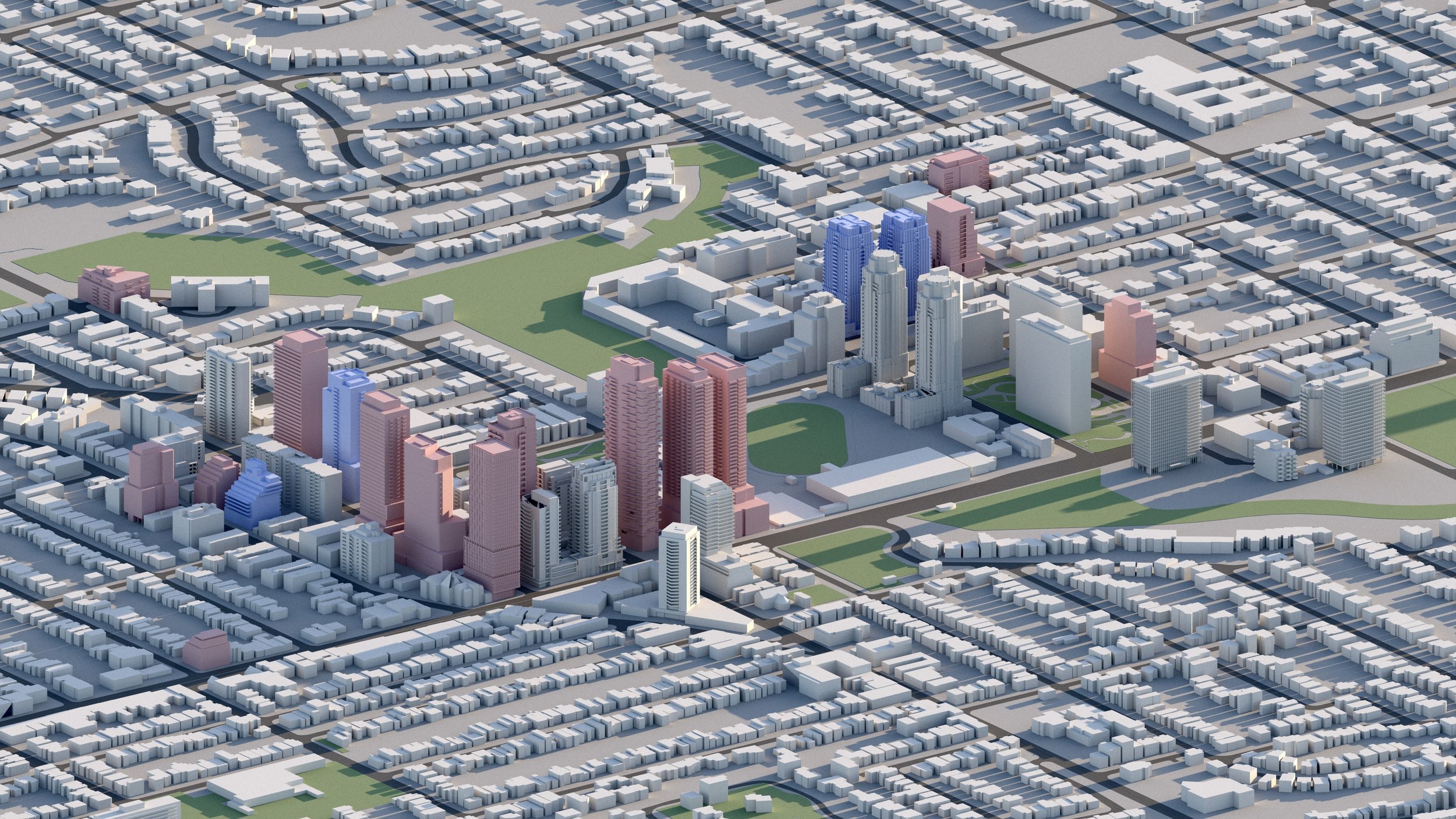 Aerial view of a cityscape with high-rise buildings, residential neighborhoods, green parks, and streets in a grid pattern.