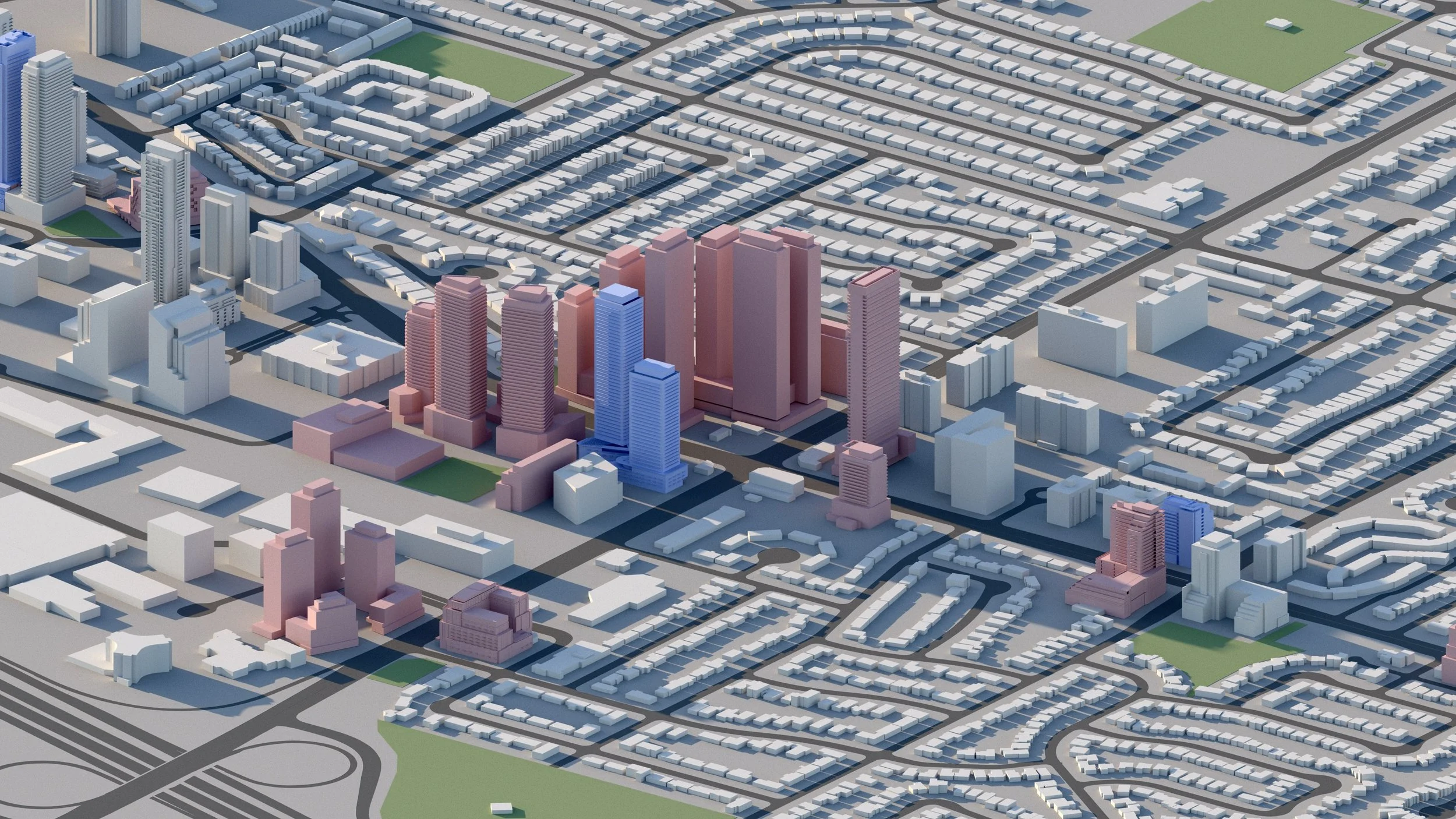 A digital 3D map of a city showing high-rise buildings, roads, and neighborhoods with some structures highlighted in pink and blue.