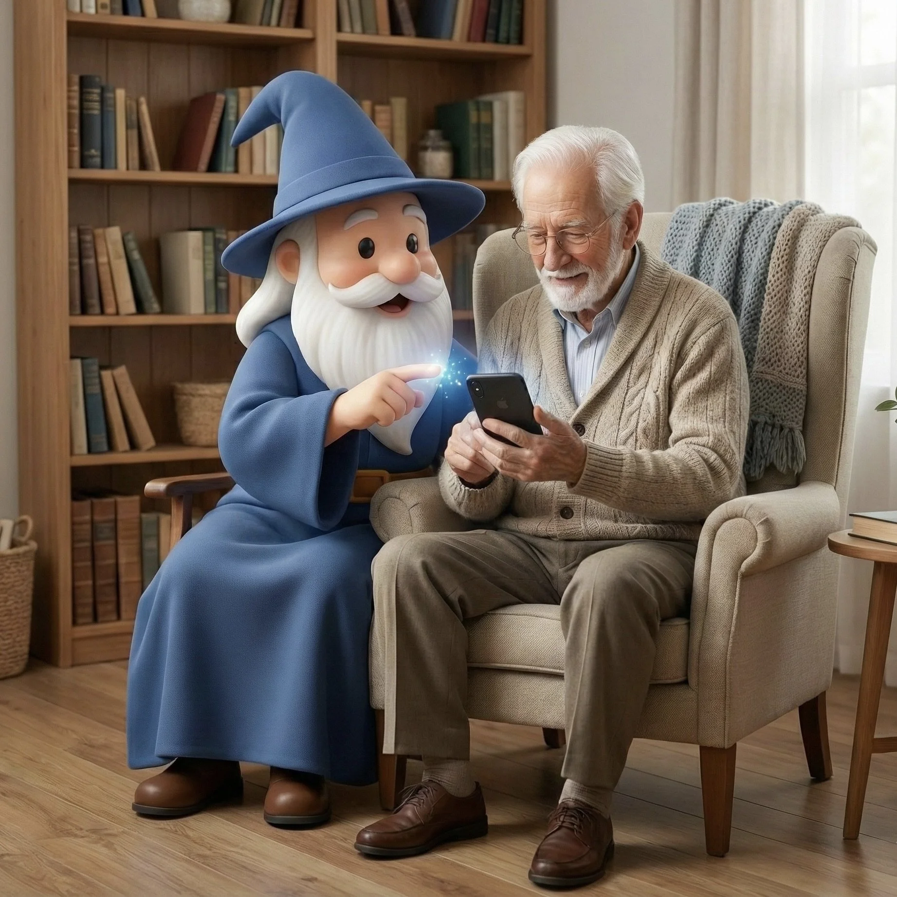 A cartoon wizard with a blue hat and robe, sitting next to an elderly man in a beige cardigan, both looking at a smartphone together in a cozy living room.