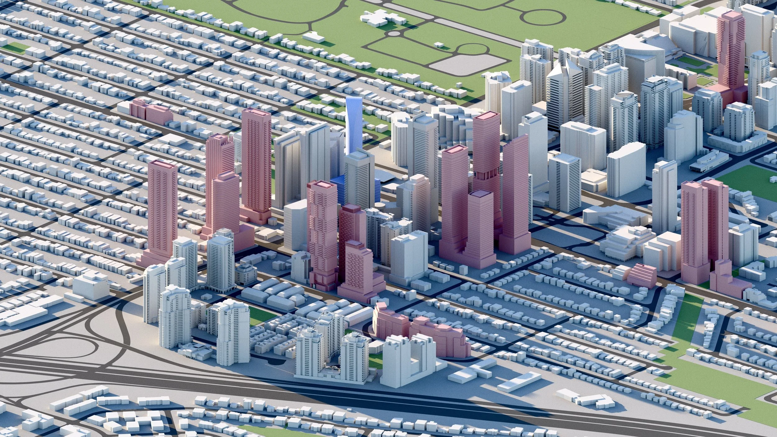 A digital illustration of a cityscape featuring a cluster of tall, modern skyscrapers surrounded by smaller residential and commercial buildings, with green parks and roads visible.