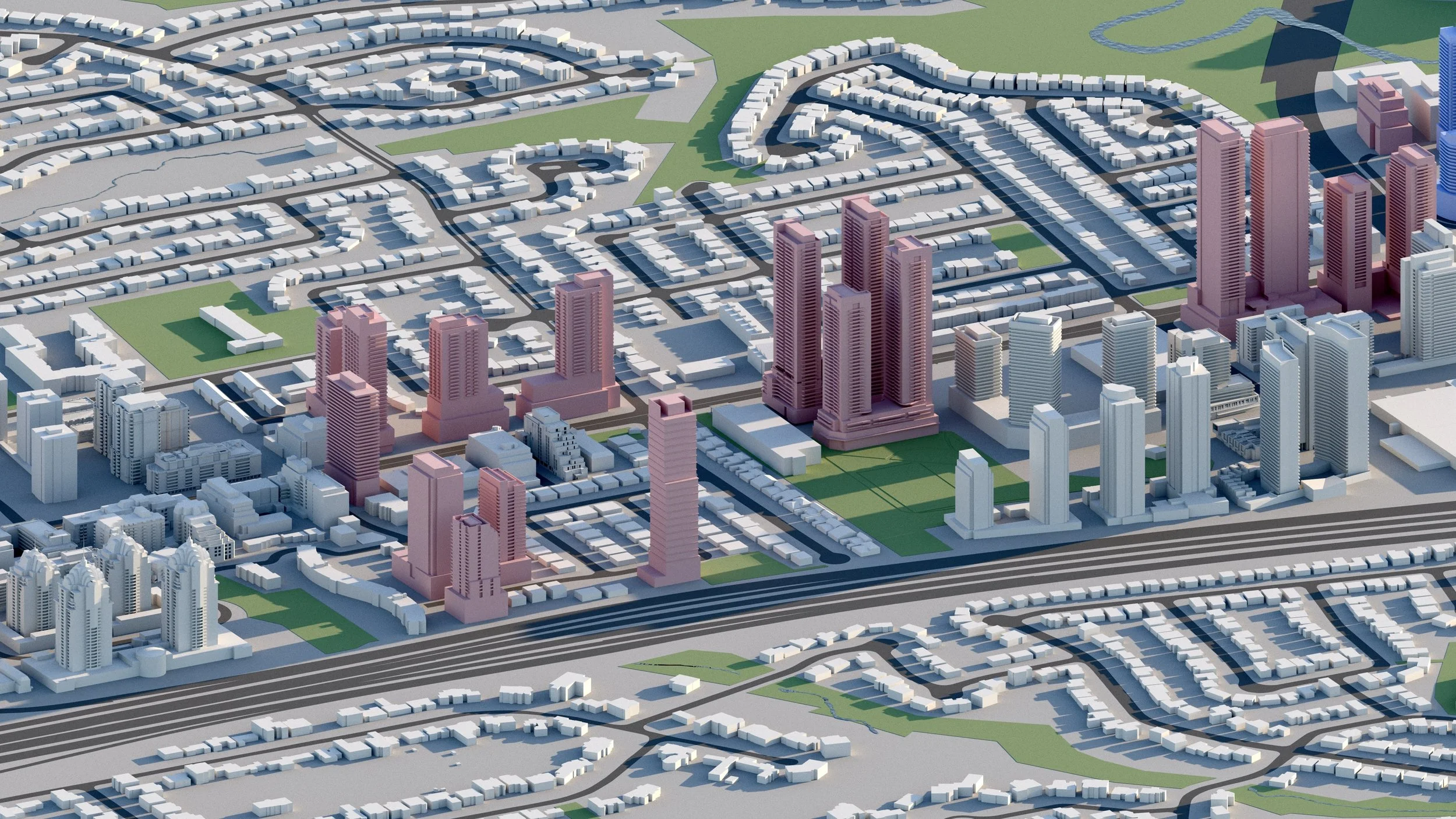 Aerial view of a cityscape with high-rise buildings, residential neighborhoods, parks, and a large highway.