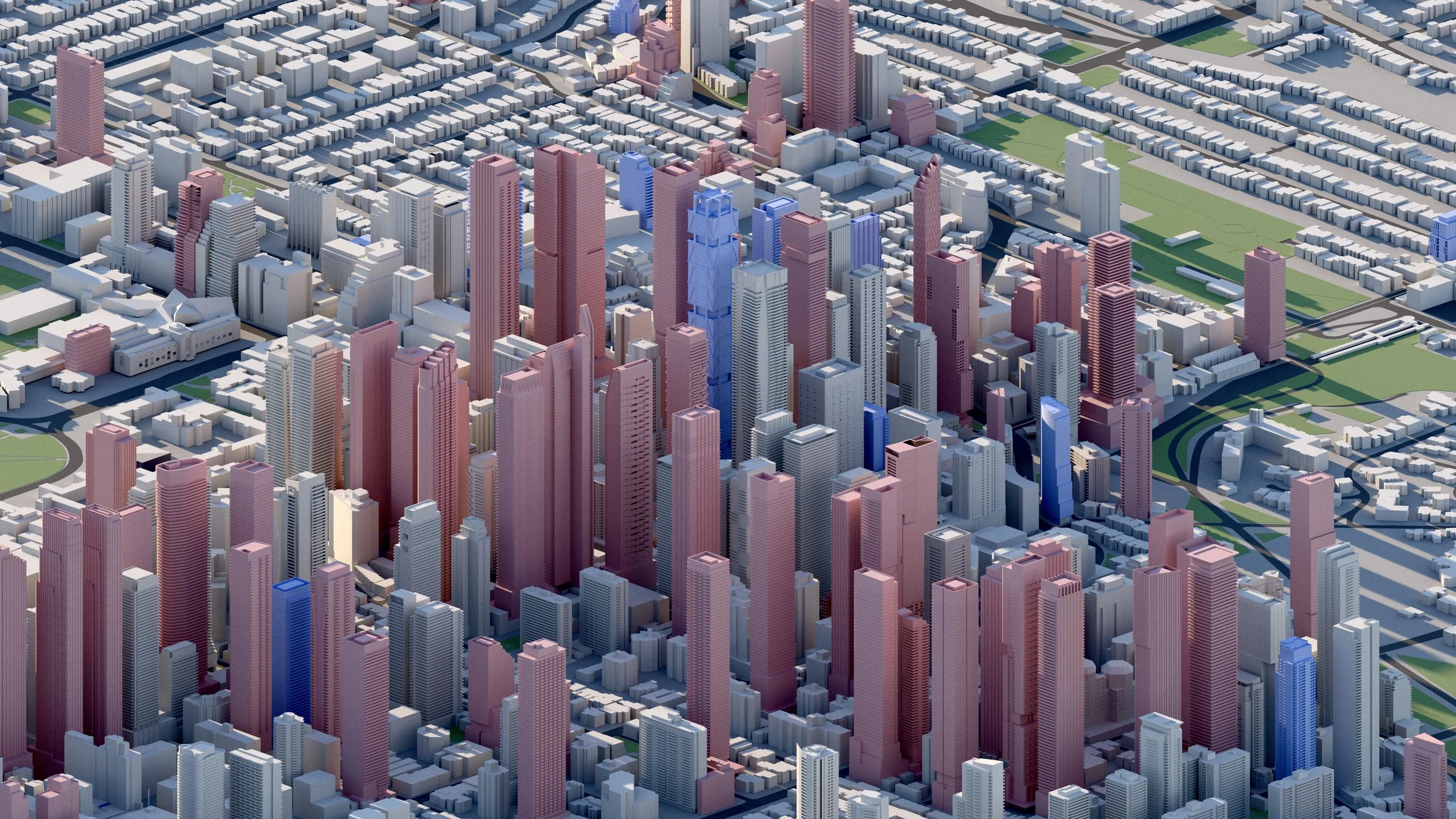 A 3D rendering of a cityscape with a dense cluster of skyscrapers, some highlighted in blue and pink, amidst green parks and streets.