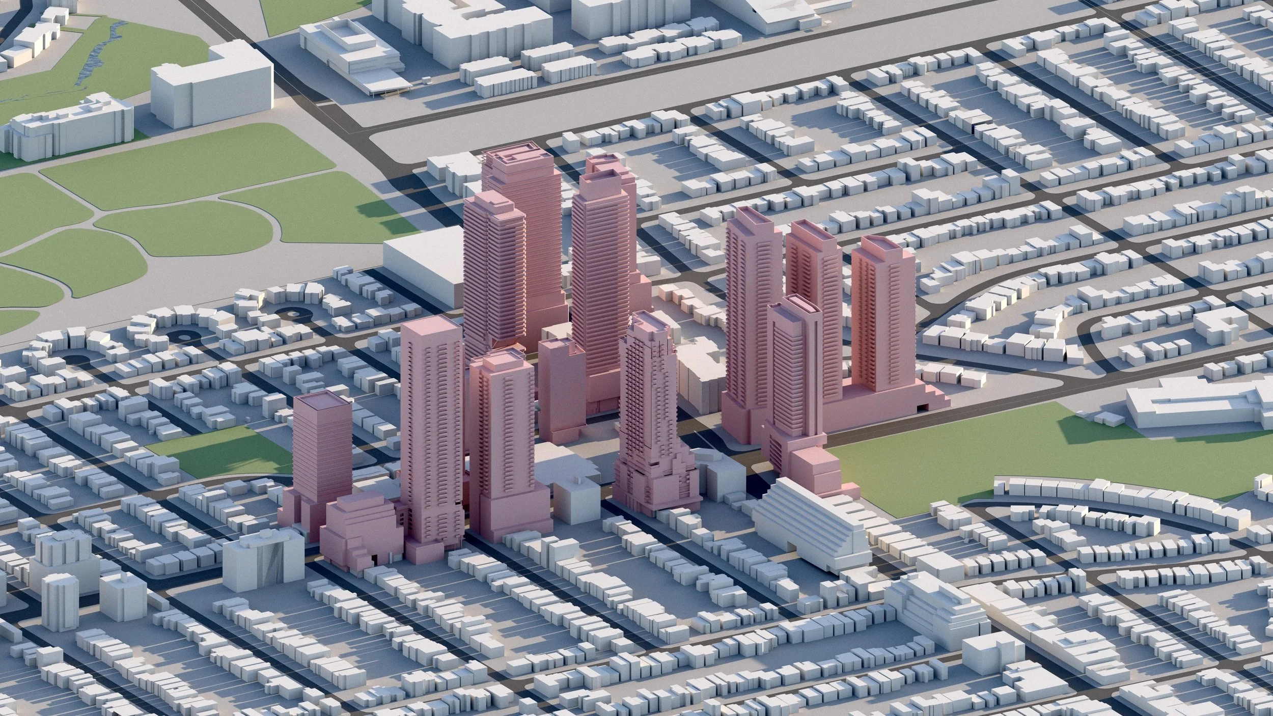 A 3D city model showing a central area with multiple tall, pink high-rise buildings surrounded by smaller white residential and commercial buildings, green parks, and a grid of streets.