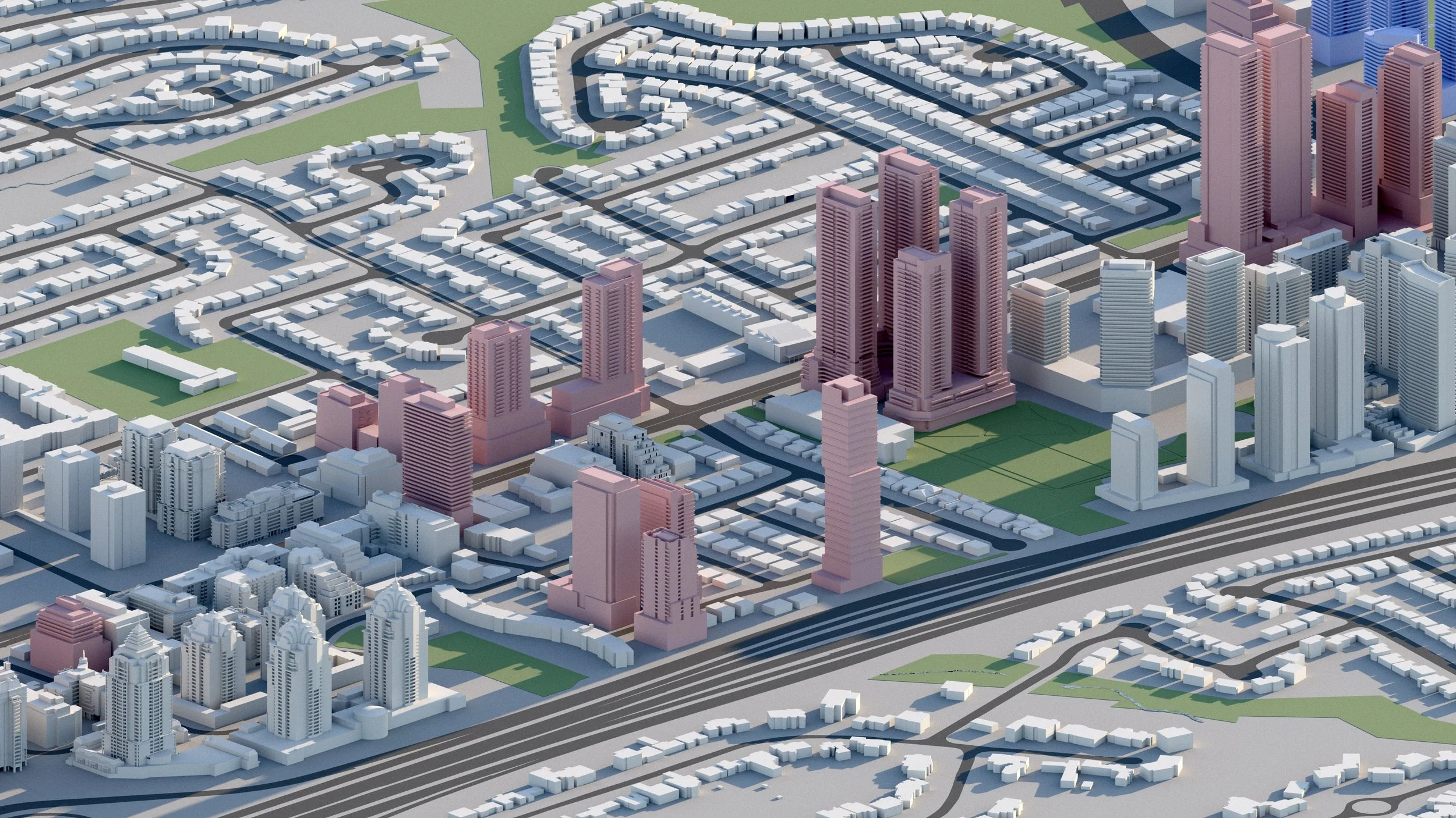 Aerial view of a cityscape with high-rise buildings, residential neighborhoods, parks, and a large highway.