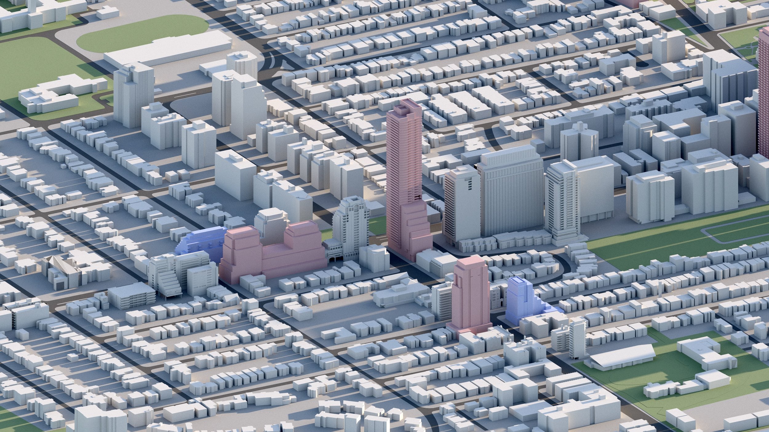 A digital 3D rendering of an urban cityscape with skyscrapers, roads, and green spaces, showing a mix of tall buildings and smaller residential areas.
