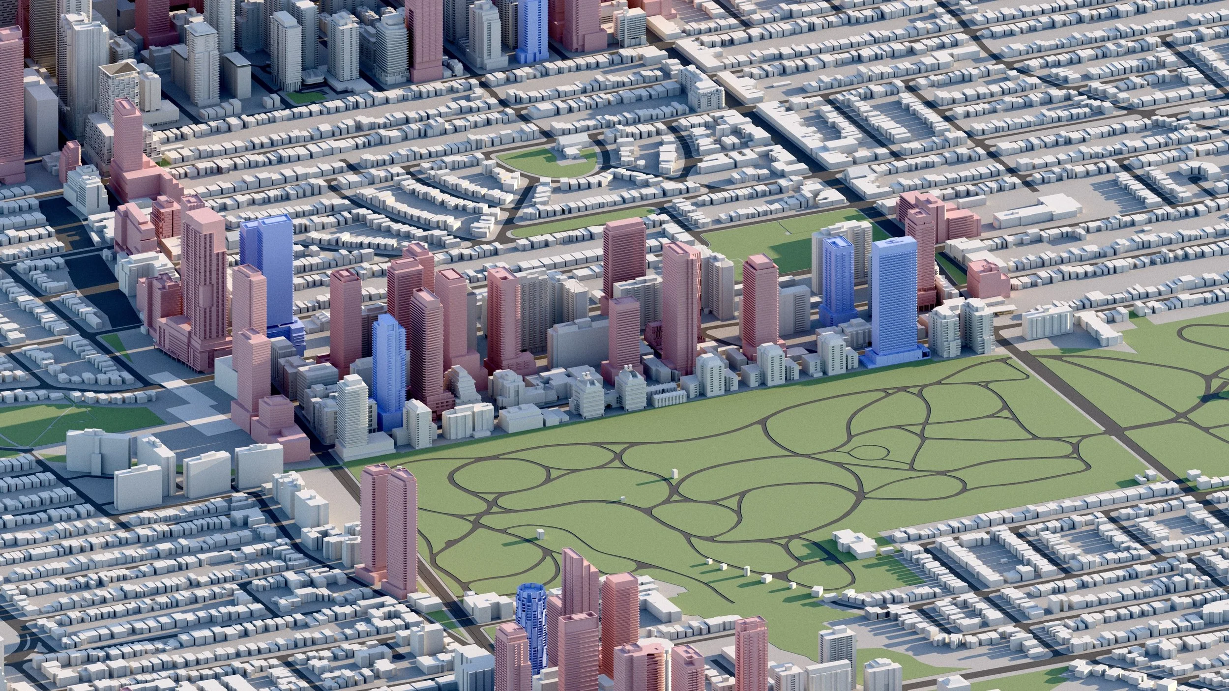A colorful 3D cityscape showing a mix of high-rise buildings, mid-rise, and low-rise structures, with a large green park area in the foreground and various streets and roads surrounding the city.