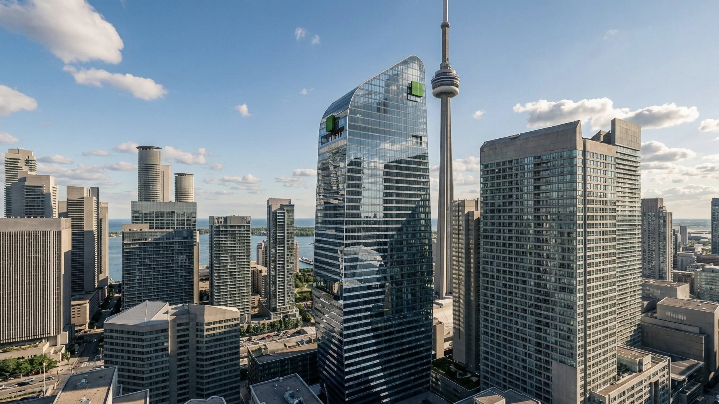 Cityscape of Toronto, including the CN Tower and various modern glass and concrete high-rise buildings under a partly cloudy sky.