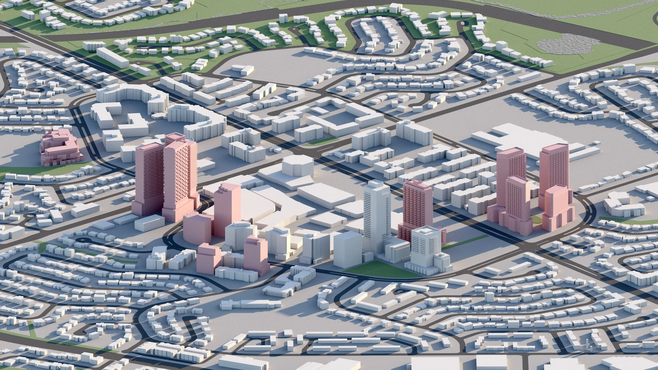 A computer-generated 3D model of a city with various buildings, including a few tall pink and white skyscrapers, surrounded by residential neighborhoods, roads, and green spaces.