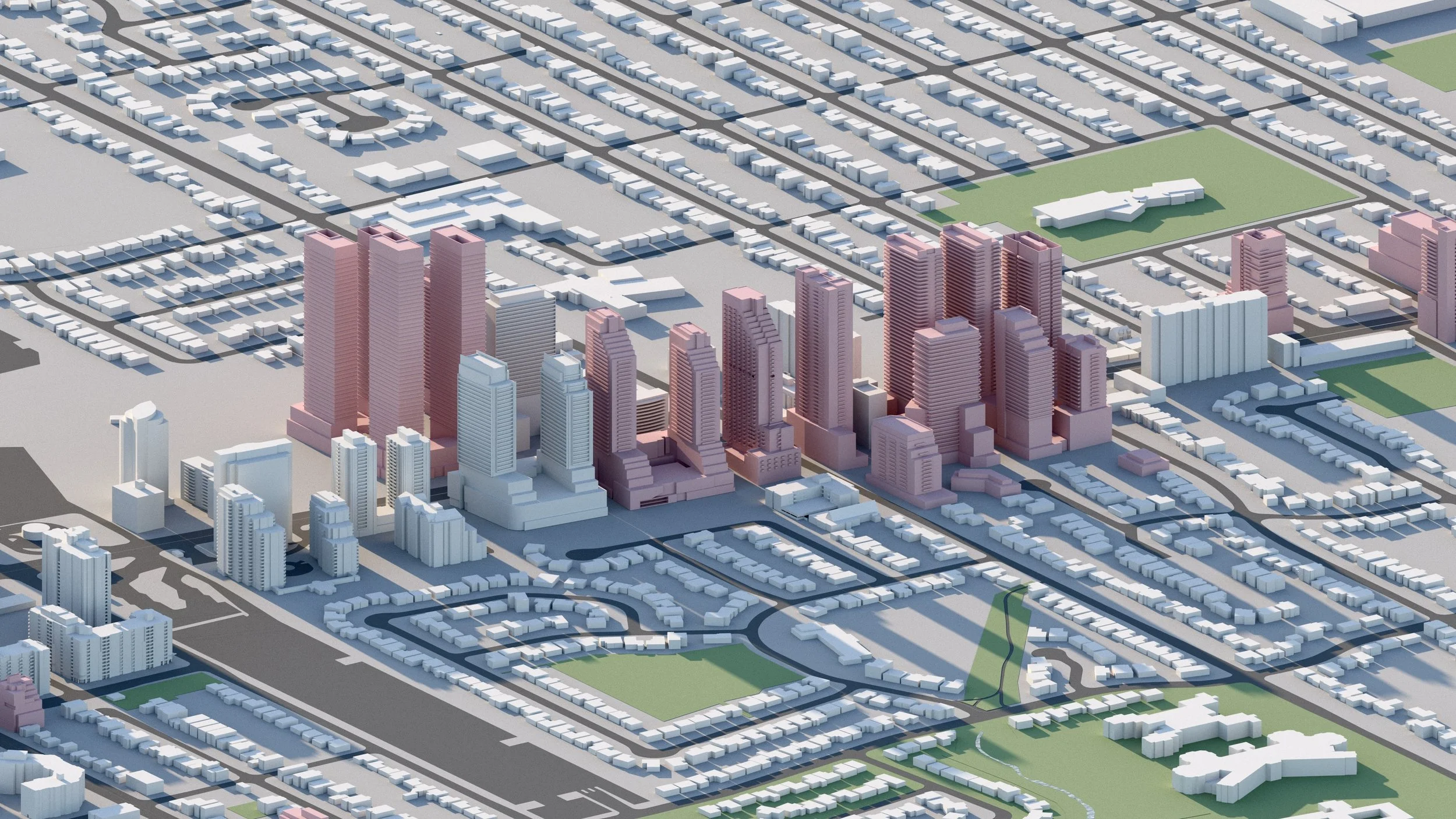 A 3D-rendered cityscape featuring high-rise buildings, residential neighborhoods, roads, green parks, and sports fields.