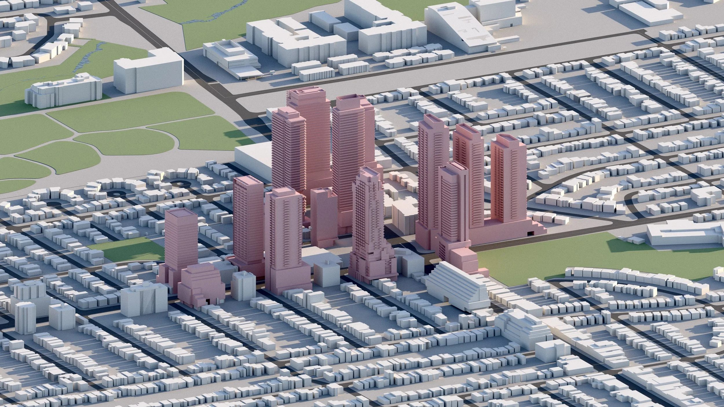 A 3D city model showing a central area with multiple tall, pink high-rise buildings surrounded by smaller white residential and commercial buildings, green parks, and a grid of streets.