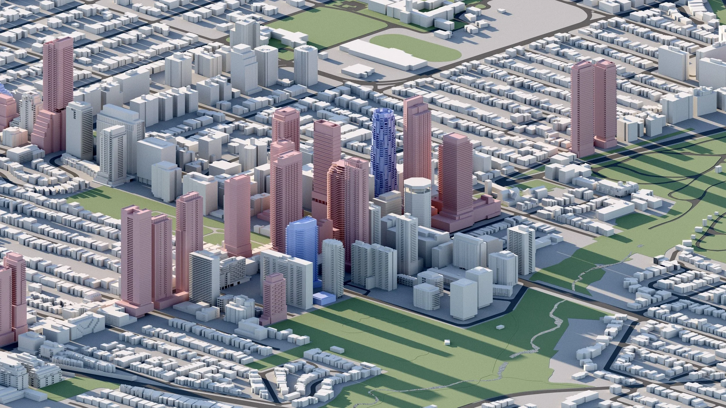 A digital rendering of a cityscape featuring numerous skyscrapers, residential buildings, and parks with pathways and green spaces.