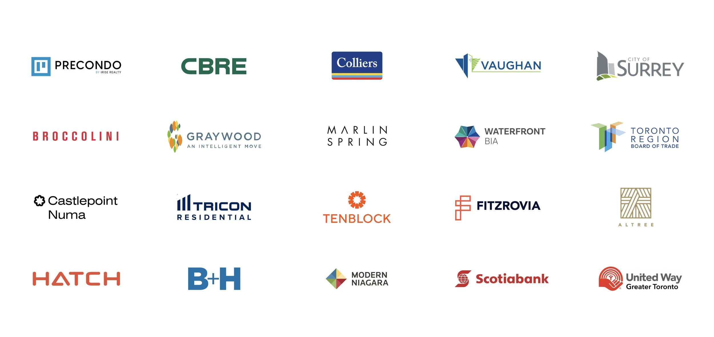 A collection of logos of various organizations and companies arranged in rows. Includes logos for Precond, CBRE, Colliers, Vaughan, Surrey, Broccolini, Graywood, Marlin Spring, Waterfront BIA, Toronto Region Board of Trade, Castlepoint Numa, Tricon Residential, Tenblock, Altree, Hatch, B+H, Modern Niagara, Scotiabank, and United Way Greater Toronto.