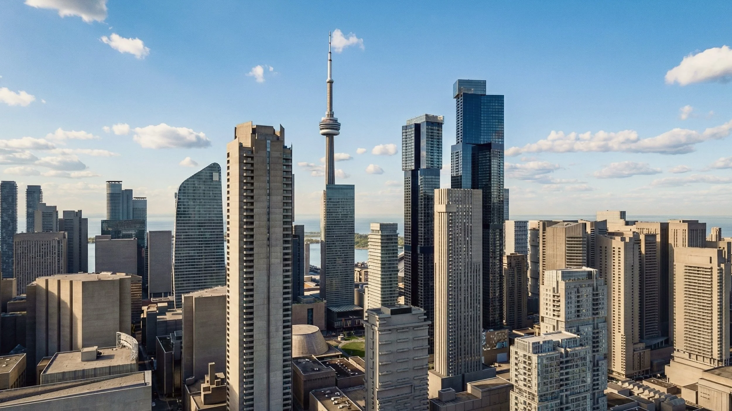 A city skyline featuring tall modern skyscrapers, including a prominent tower with a revolving restaurant near the top, under a blue sky with scattered clouds.