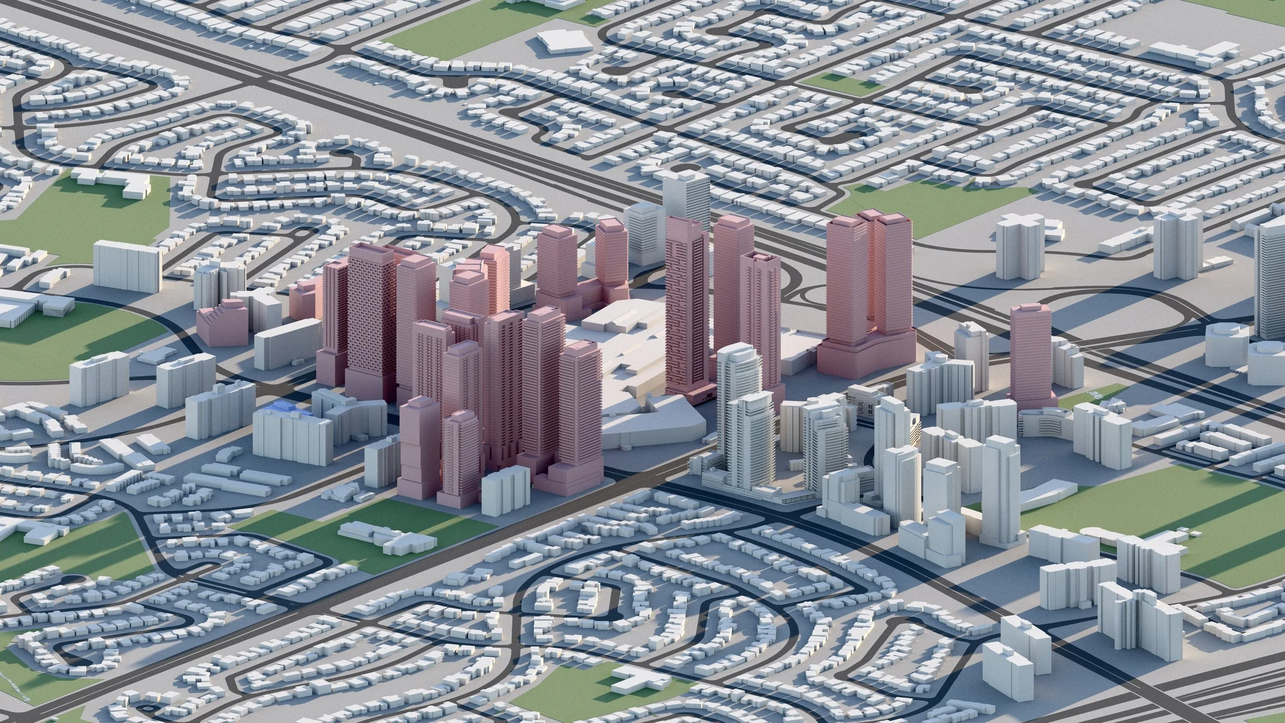 A 3D city model showing a cluster of high-rise buildings in the downtown area, surrounded by residential neighborhoods, parks, and roads.