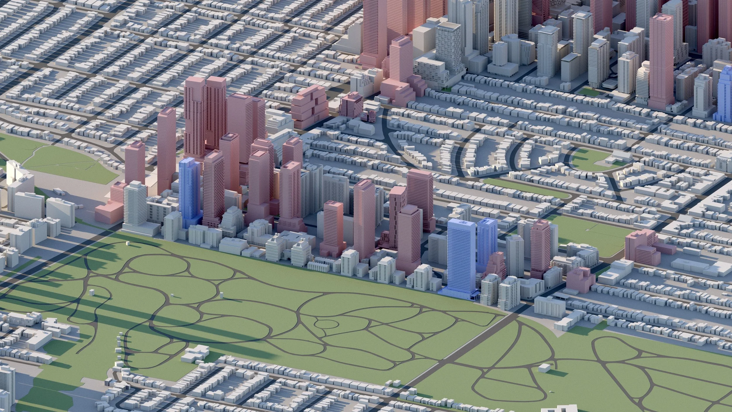 A colorful 3D cityscape showing a mix of high-rise buildings, mid-rise, and low-rise structures, with a large green park area in the foreground and various streets and roads surrounding the city.