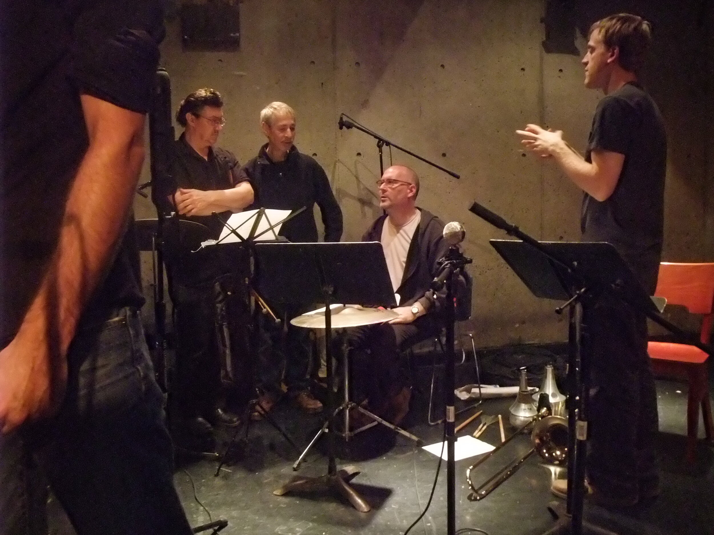  L-R: Michael Evans, Todd Capp, Meehan, Andrew Lafkas at a recording session for one of Andrew’s compositions. 