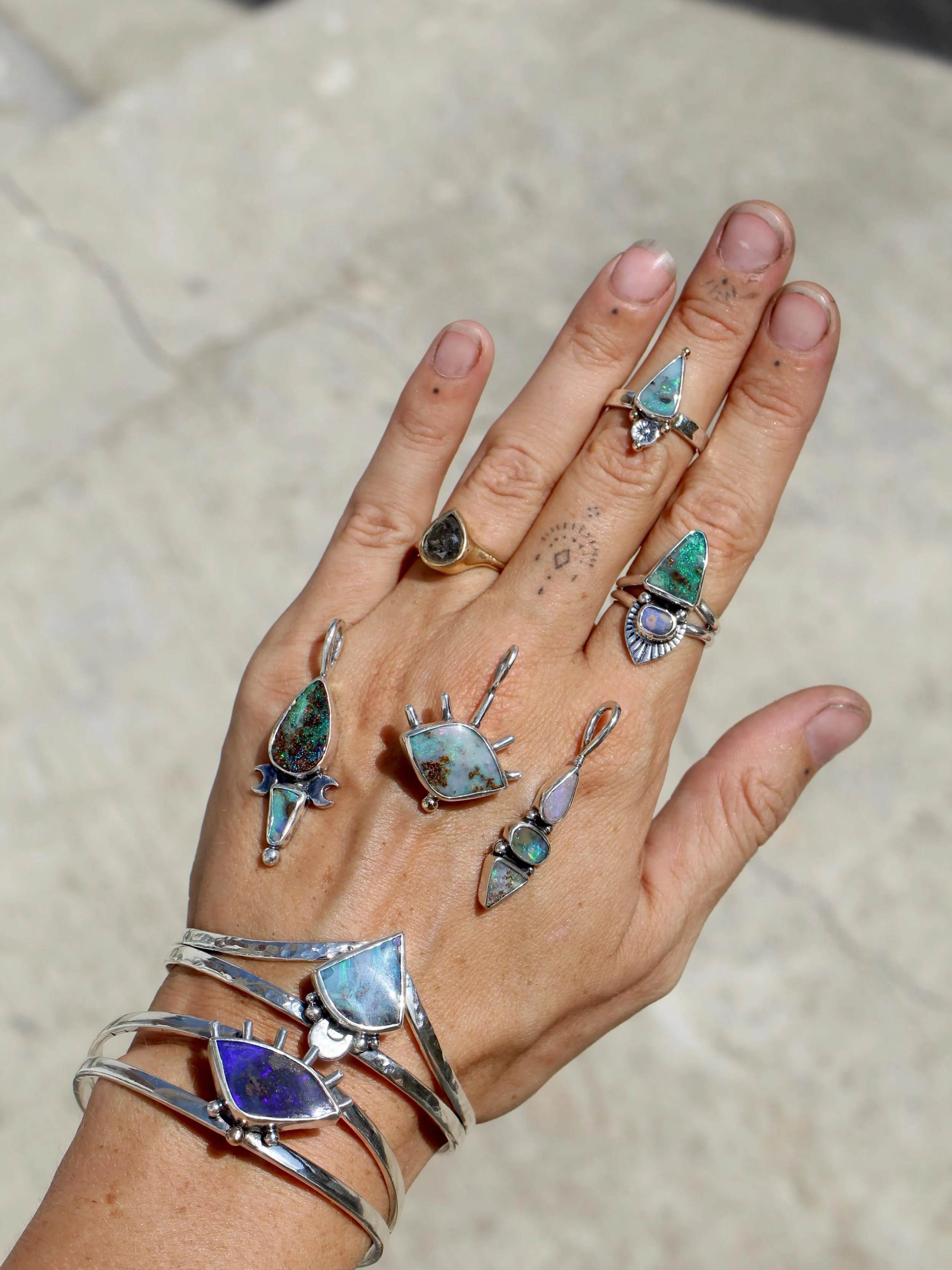 The Galaxia Opal collection is coming along nicely!! 

These are all the finished pieces so far&hellip; but I want to make one more cuff and at least a few more rings! 

There&rsquo;s lots of things happening behind the scenes right now and I&rsquo;v