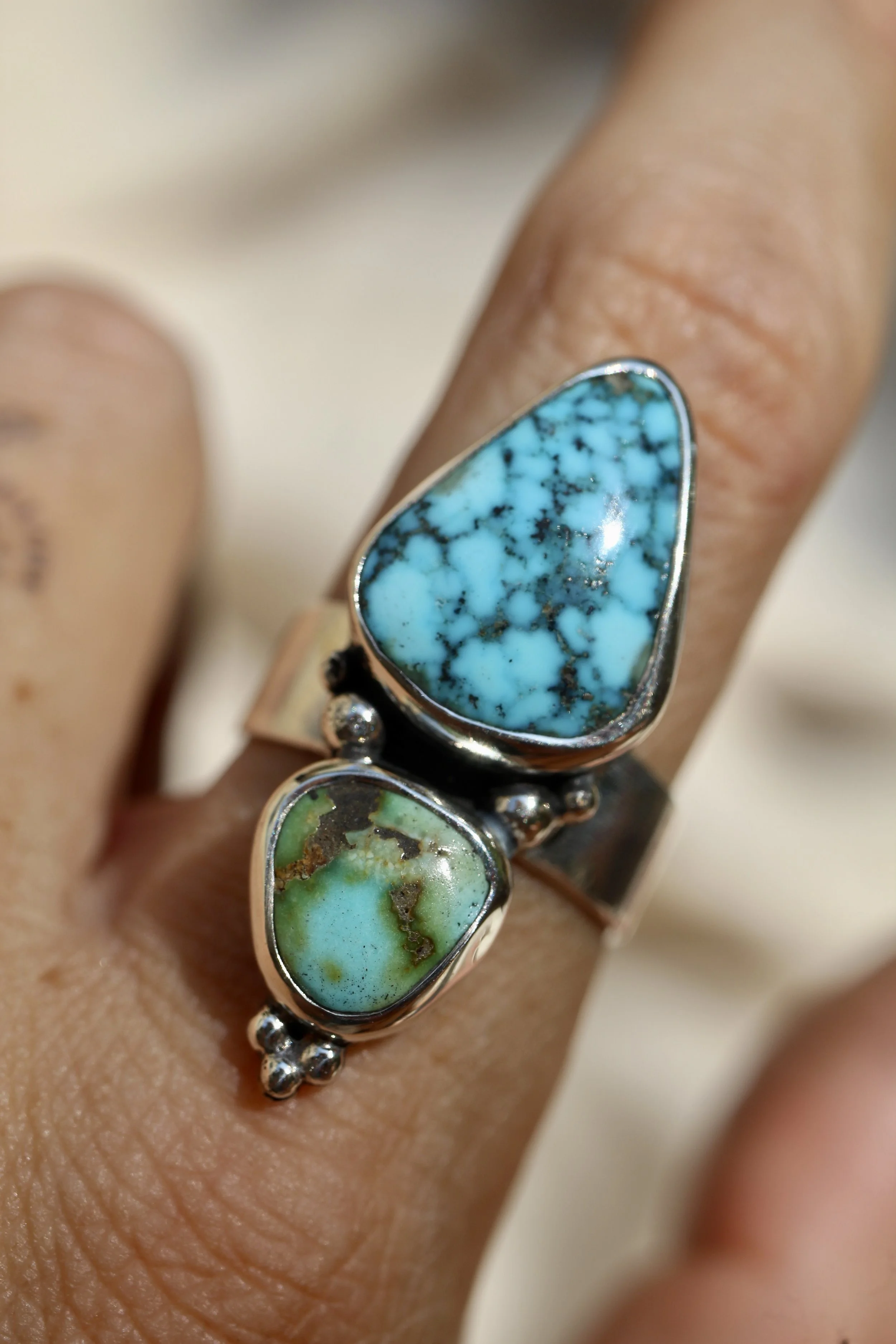 Double Turquoise Ring - UK O / US 7.25