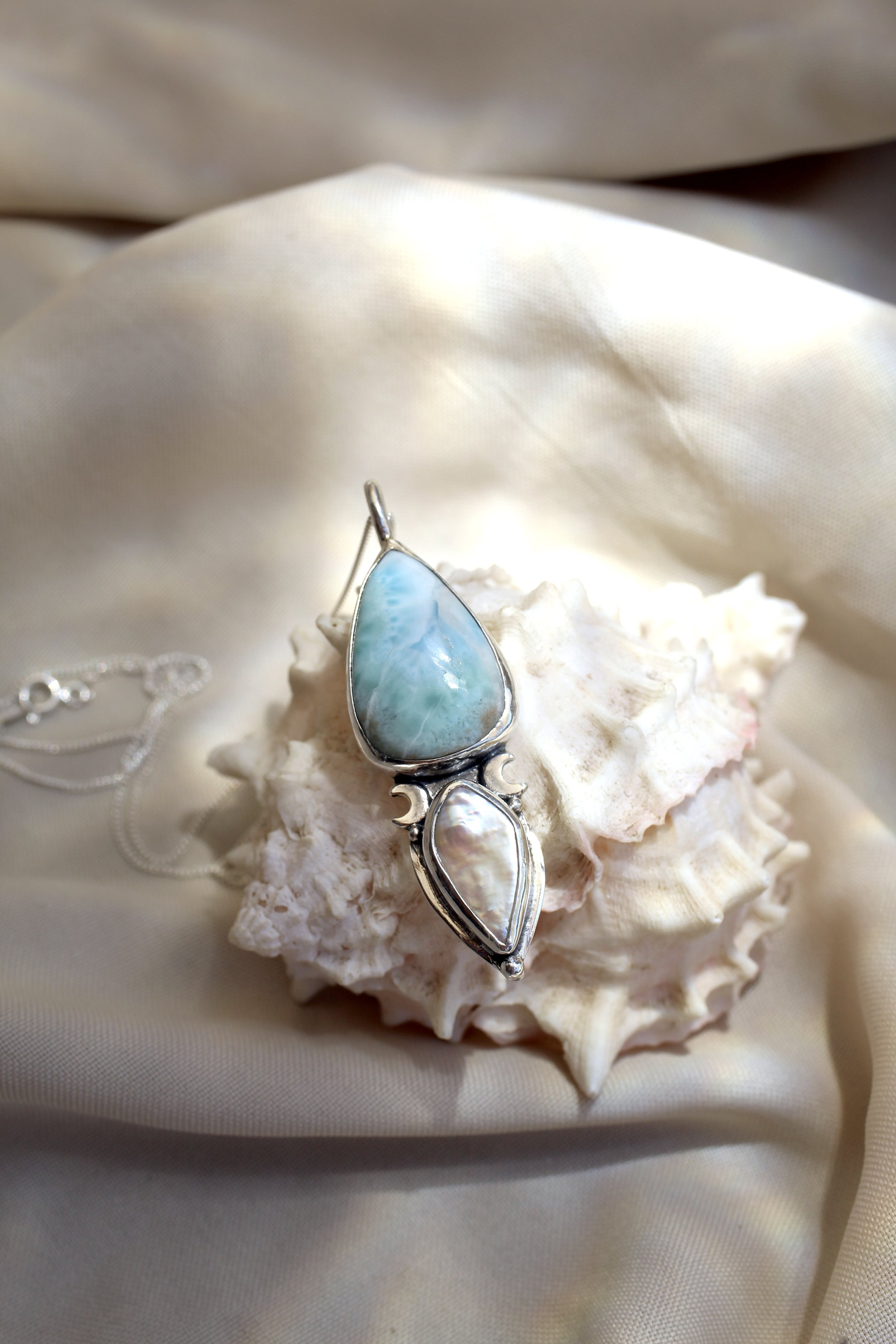 Larimar and Freshwater Pearl Luna Necklace
