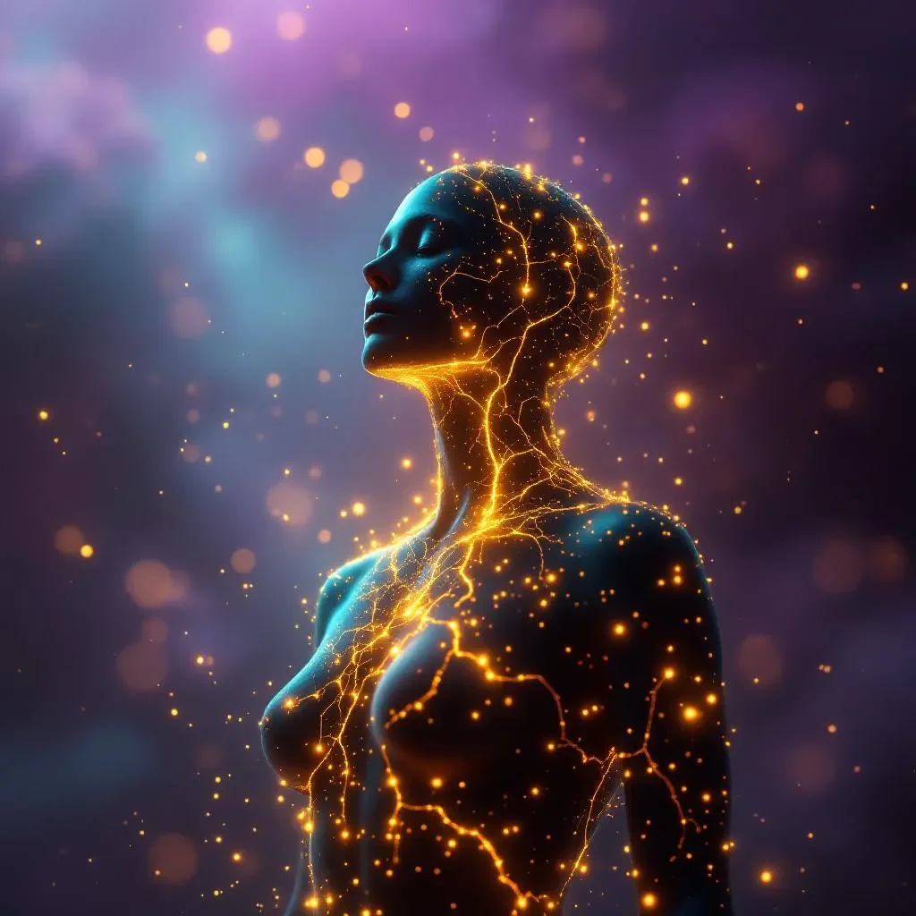 Futuristic human bust with glowing golden neural network patterns against a purple and blue abstract background