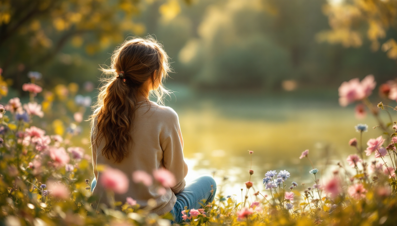 Woman sitting beside a sunlit pond surrounded by wildflowers