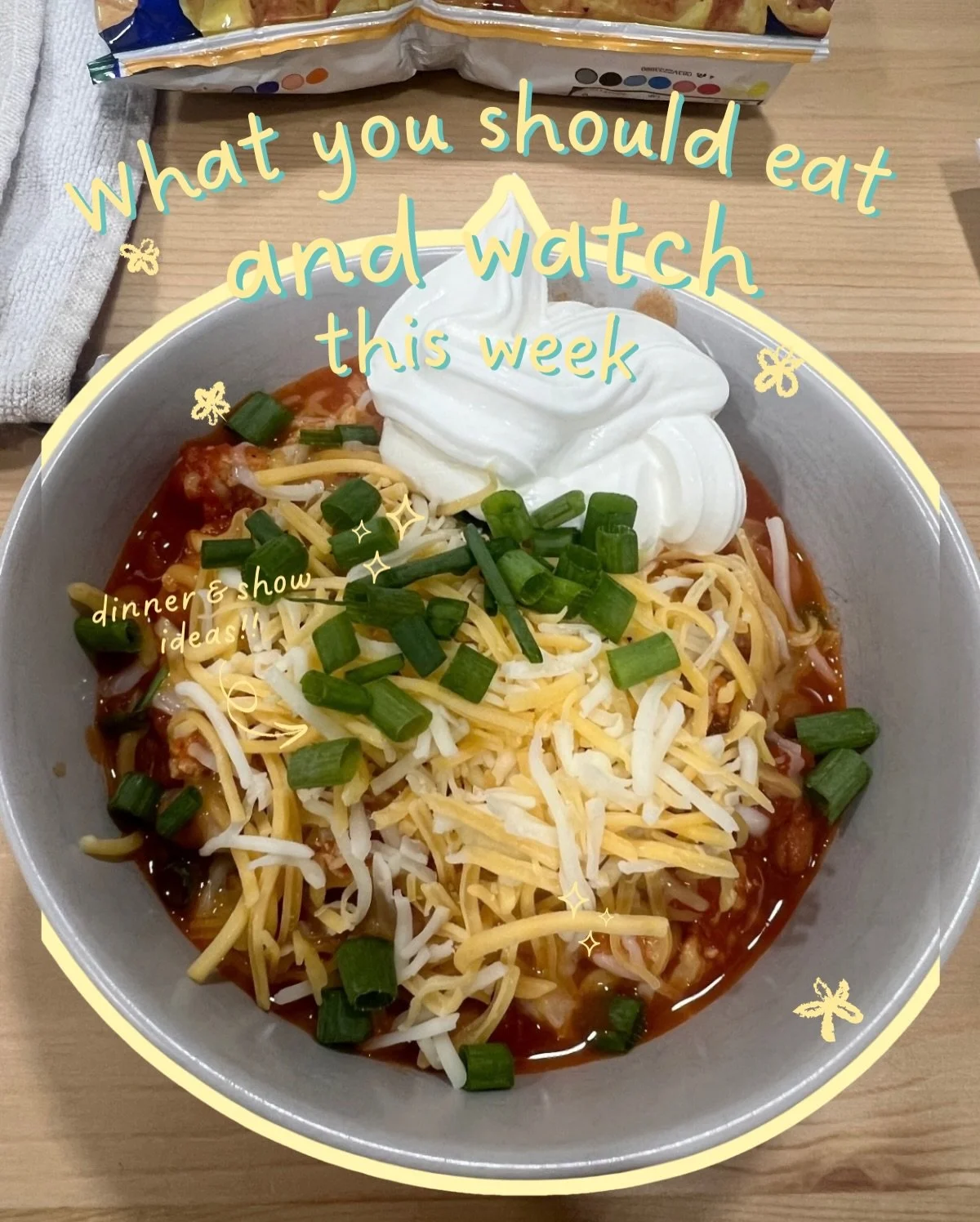 What you should make for dinner &amp; watch on tv this week!🍴📺

Recipes!!

Chicken Caesar Tacos: 
&bull; chop chicken breast &amp; cook 
&bull; chop Romain lettuce 
&bull; toast tortilla on pan &amp; add parm until melty 
&bull; top with chicken, l