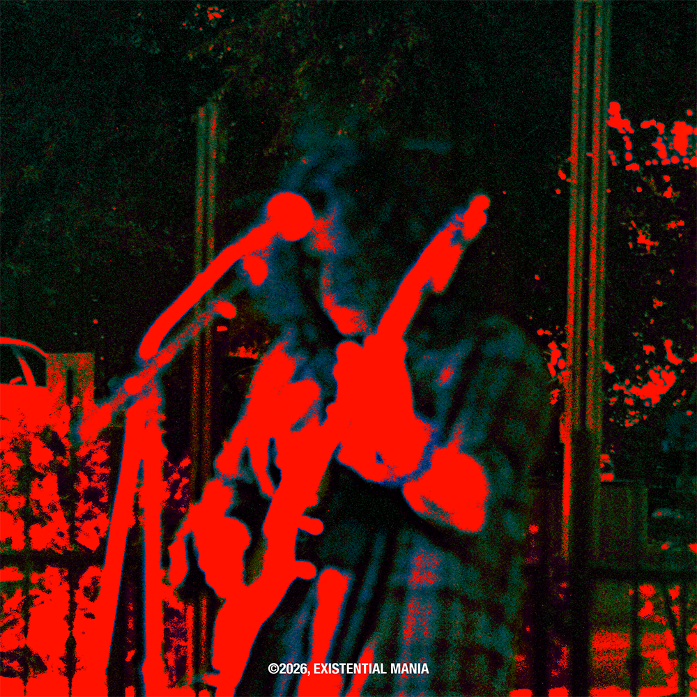 A person playing a guitar outdoors at night, illuminated with vivid red and blue lighting effects.