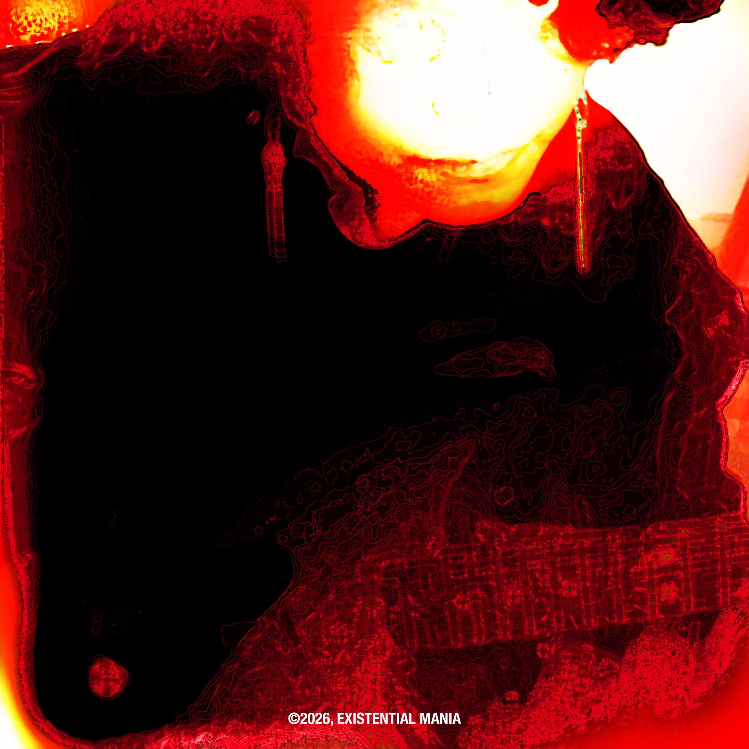 Digital art image with red, black, yellow, and white colors, featuring abstract shapes and lines with a bright white center and dark black areas, resembling a cosmic or fiery scene. Text at the bottom reads ©2026, EXISTENTIAL MANIA.
